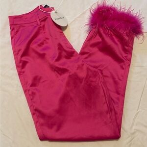 Boohoo Hot Pink Satin Feather Trim Pants